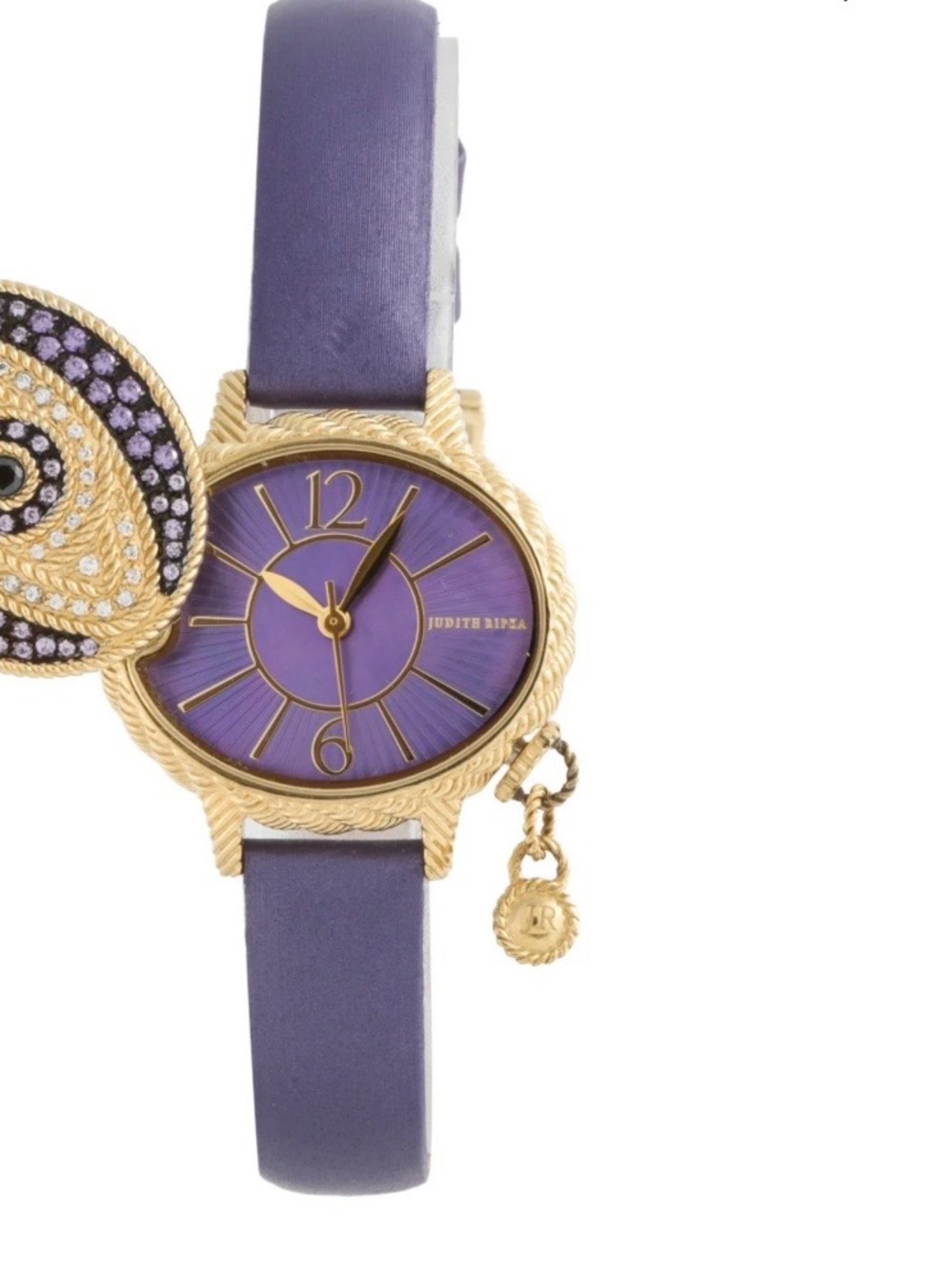 Judith Ripka Purple Leather Strap Watch with Gold Charm